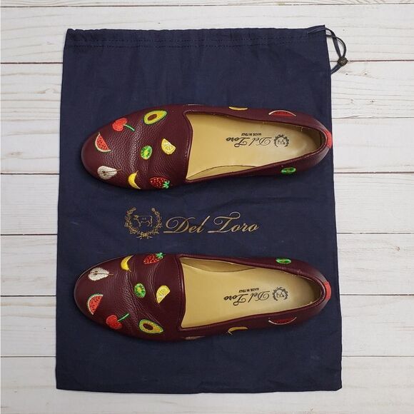 DEL TORO loafers fruit embroidered burgundy leather shoes 7 - Picture 2 of 10